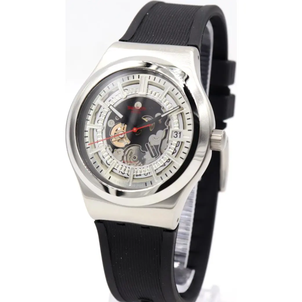 Swiss Swatch Sistem Through Again Automatic Men Watch 42mm YIS431 - Dial: Silver, Band: Black, Bezel: Silver