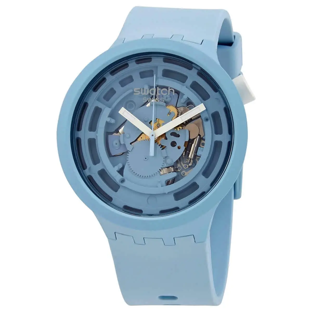 Swatch C- Blue Quartz Transparent Dial Unisex Watch SB03N100 - Dial: Transparent (Skeleton), Band: Blue, Bezel: Blue