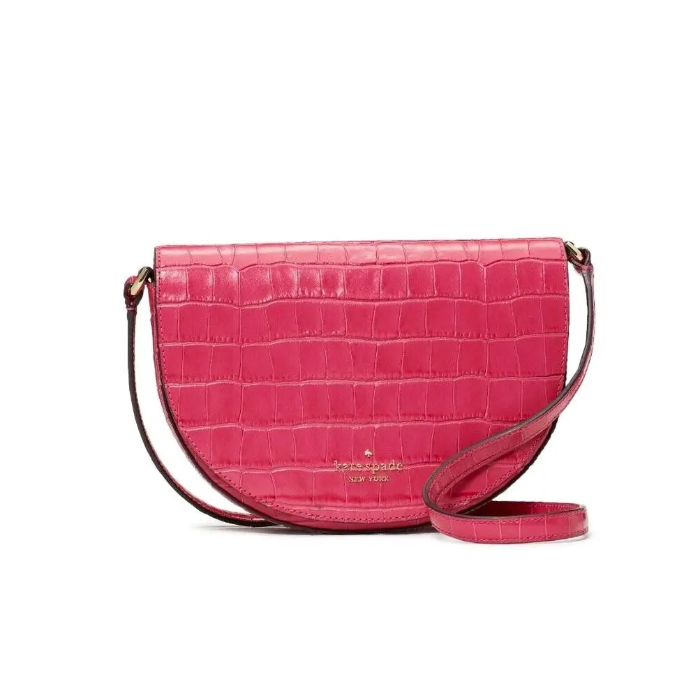 New Kate Spade Luna Crescent Crossbody Croco Embossed Leather Festive Pink - Exterior: Festive Pink