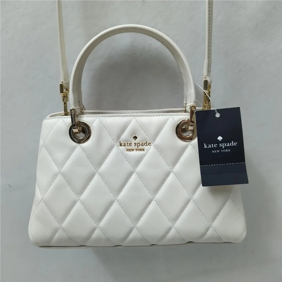 Kate Spade Carey White Smooth Leather Quilted Double Handles Satchel Bag