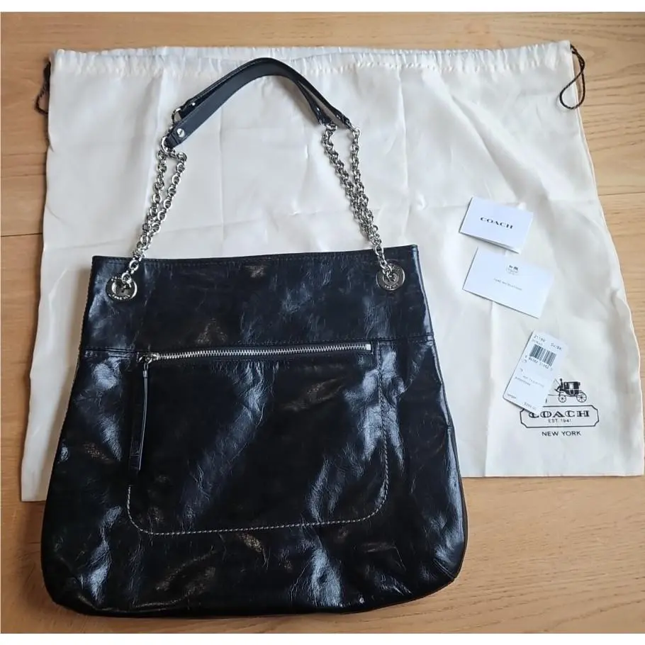 Coach Poppy Leather Slim Tote Black/ Teal Lining Chain H1221 21199 Y2K Perfect