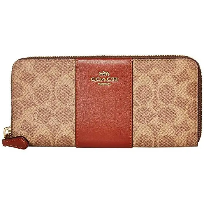 Coach Signature Coated Canvas Colorblock Tan Rust Wallet Women`s L5709