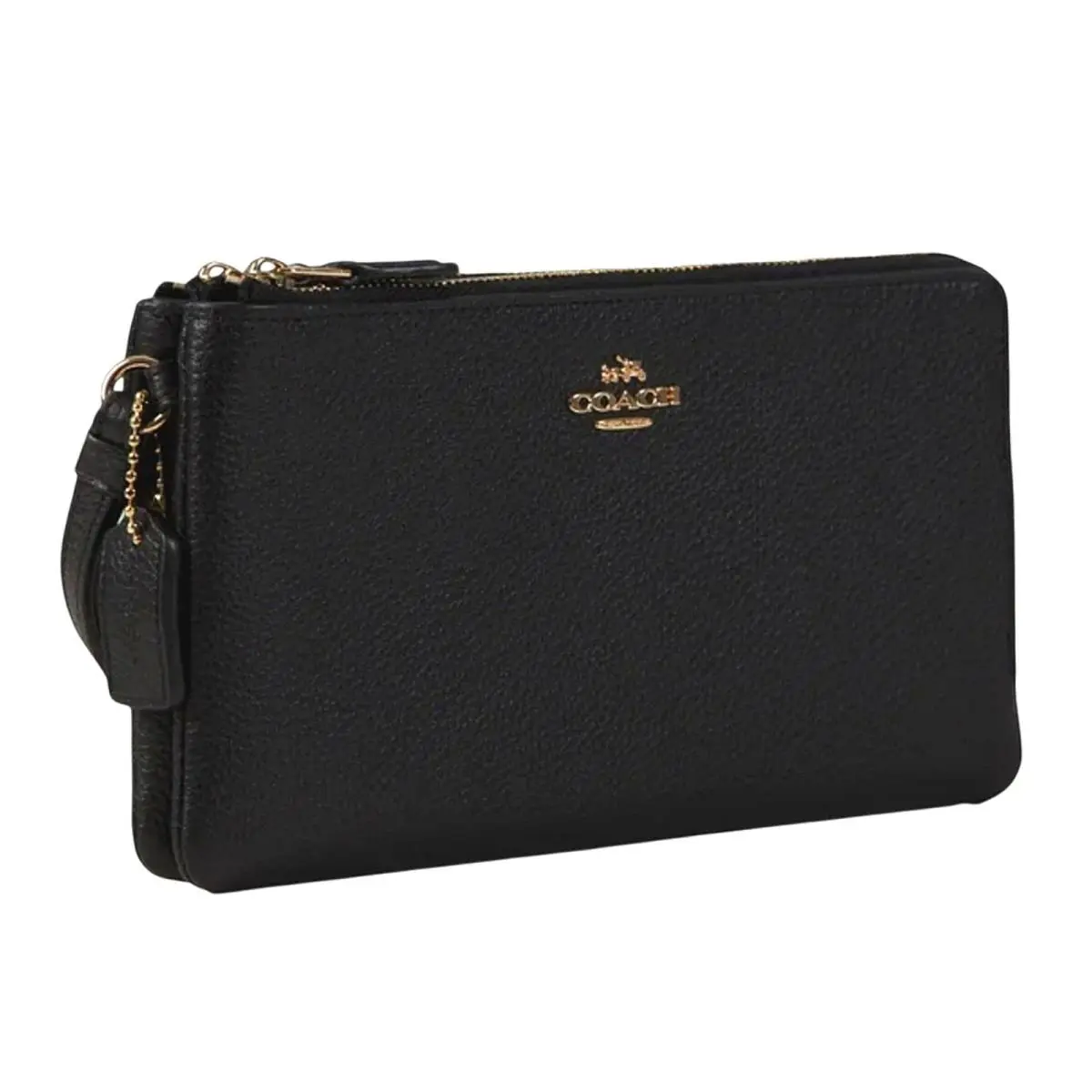 Coach Double Zip Wallet IN Polished Pebble Leather Black with Card Slots - Black, Exterior: Black