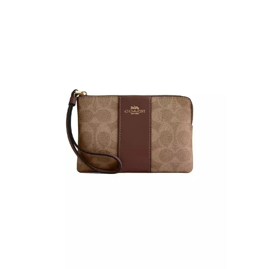 Coach Corner Zip Signature Canvas with Leather Stripe Bag Tan Brown One Size
