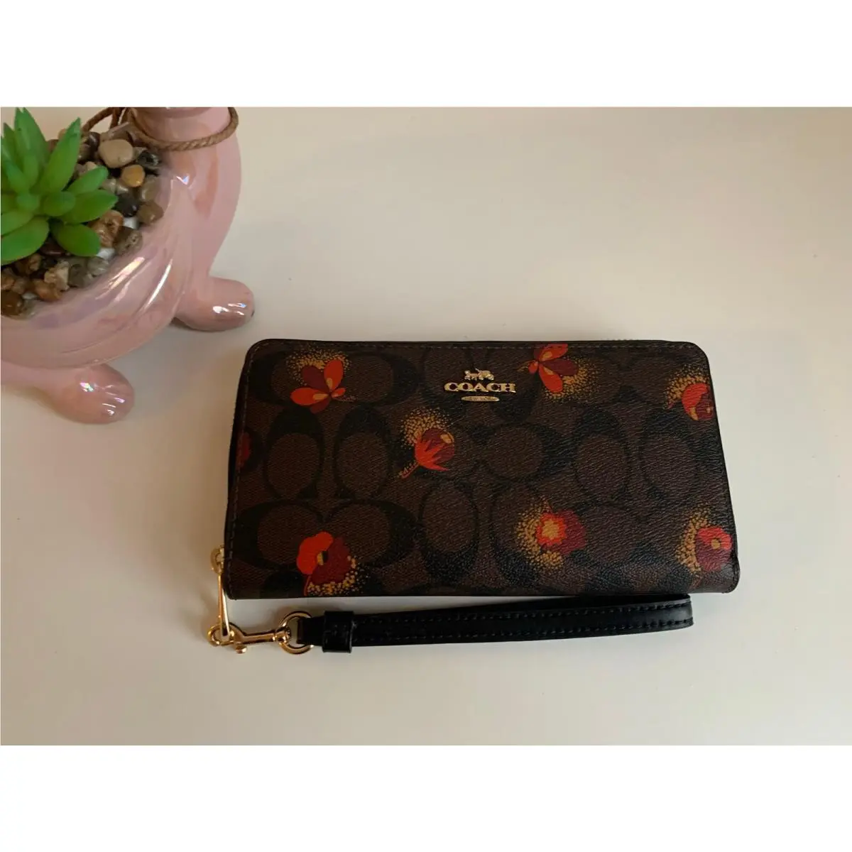 Coach C6047 Long Zip Around Wallet Signature Pop Flower Print Brown / Black