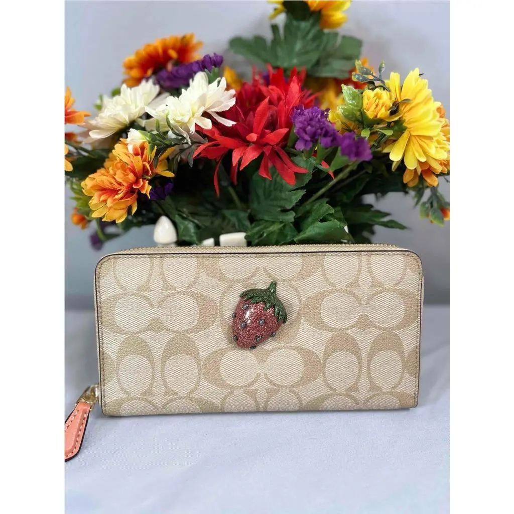 Coach Accordion Zip Wallet in Signature Canvas w. Strawberry Pop Out F73081