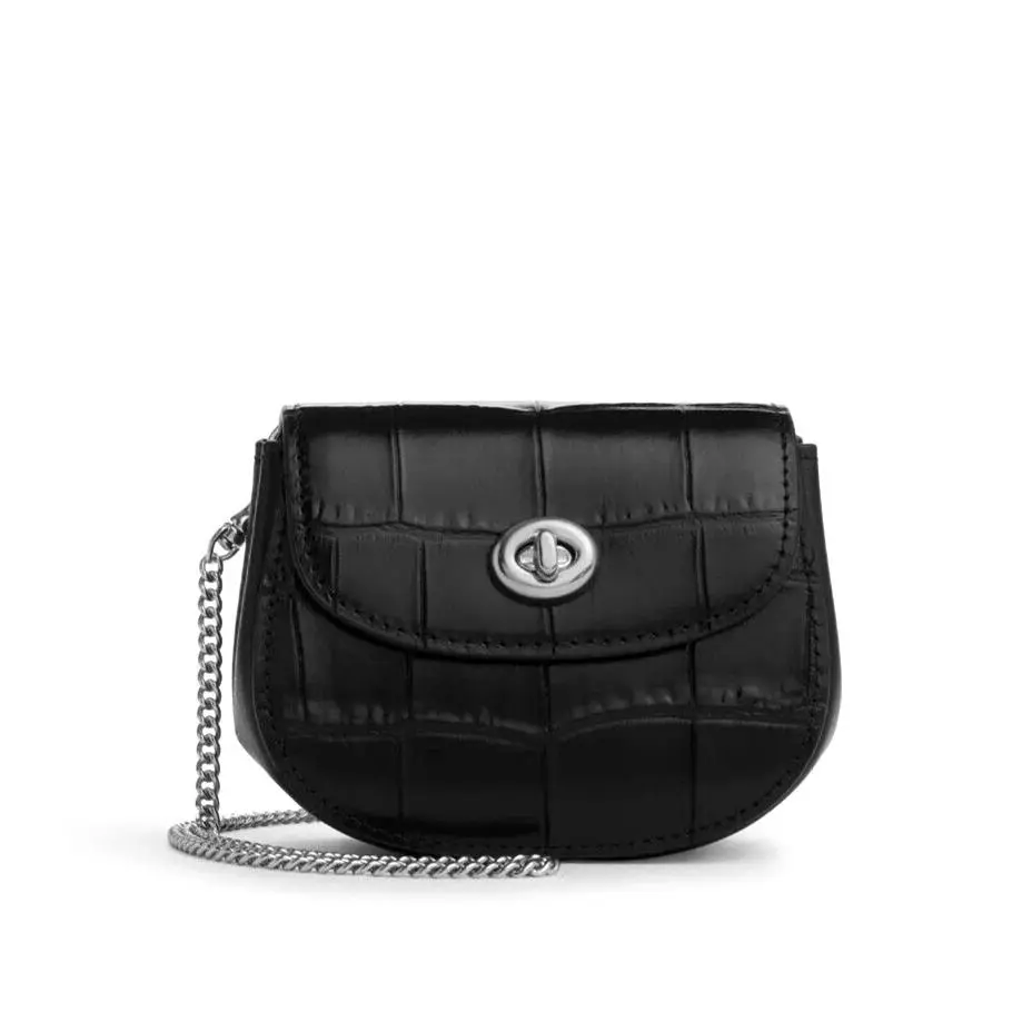 Coach CZ425 Turnlock Card Case Crossbody Black Crocodile-embossed Leather