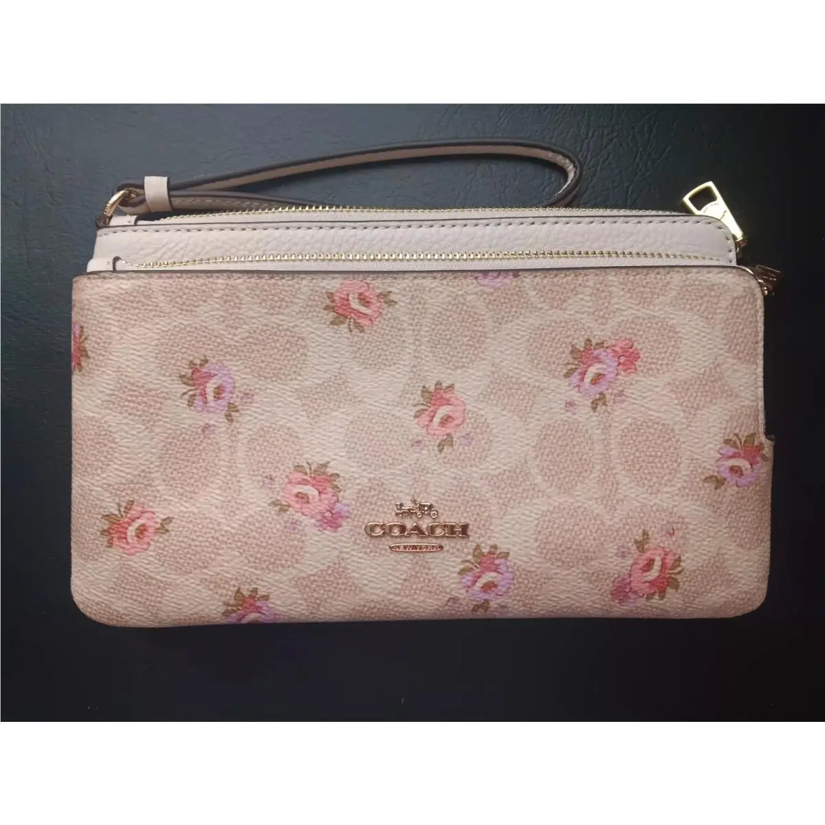 Coach Double Zip Wallet Signature Floral Car 09 Leather