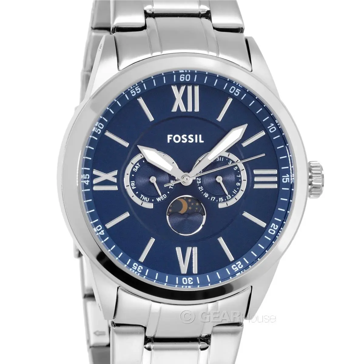 Flynn Mens Multifunction Watch Blue Dial Day Date Moon Sun Silver Steel by Fossil