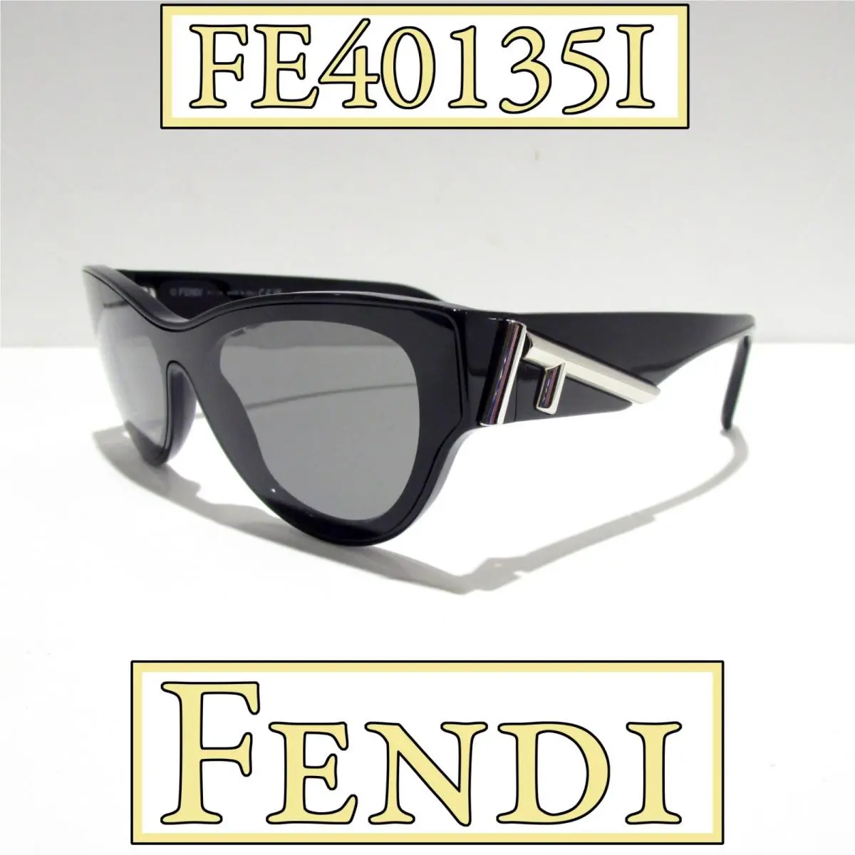 Fendi FE40135I 01A Sunglasses Women`s Shiny Black Shield Silver F Logo Temples