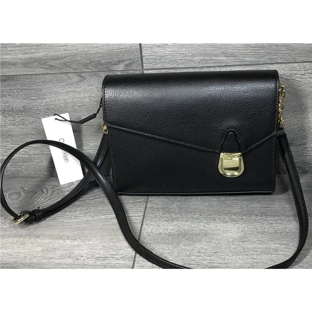 Calvin Klein Iris Hermin Bag Flap Crossbody Leather Black Handbag B000241