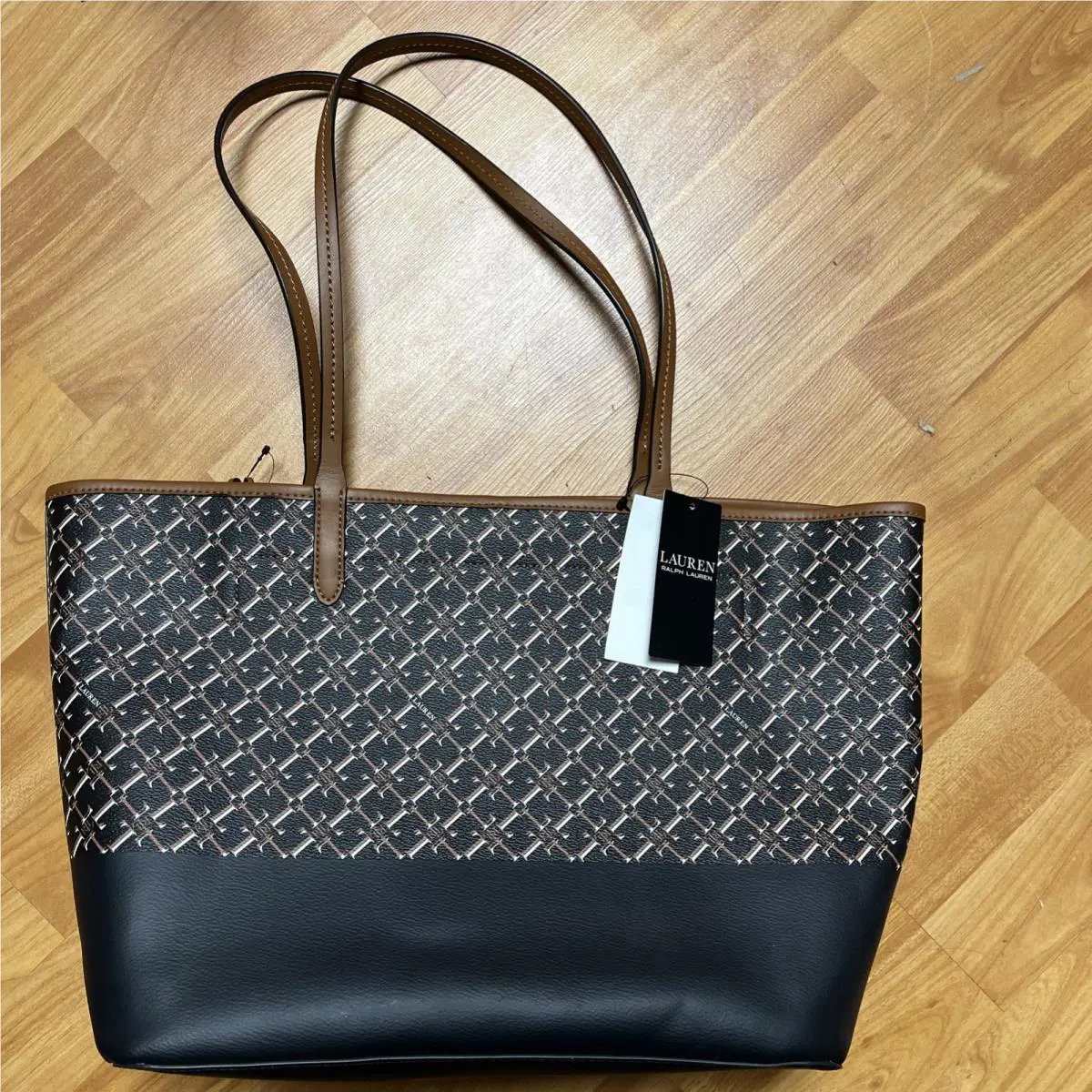 Ralph Lauren Collins Shopper Medium Tote Bag Brown Monogram Signature Tan Logo