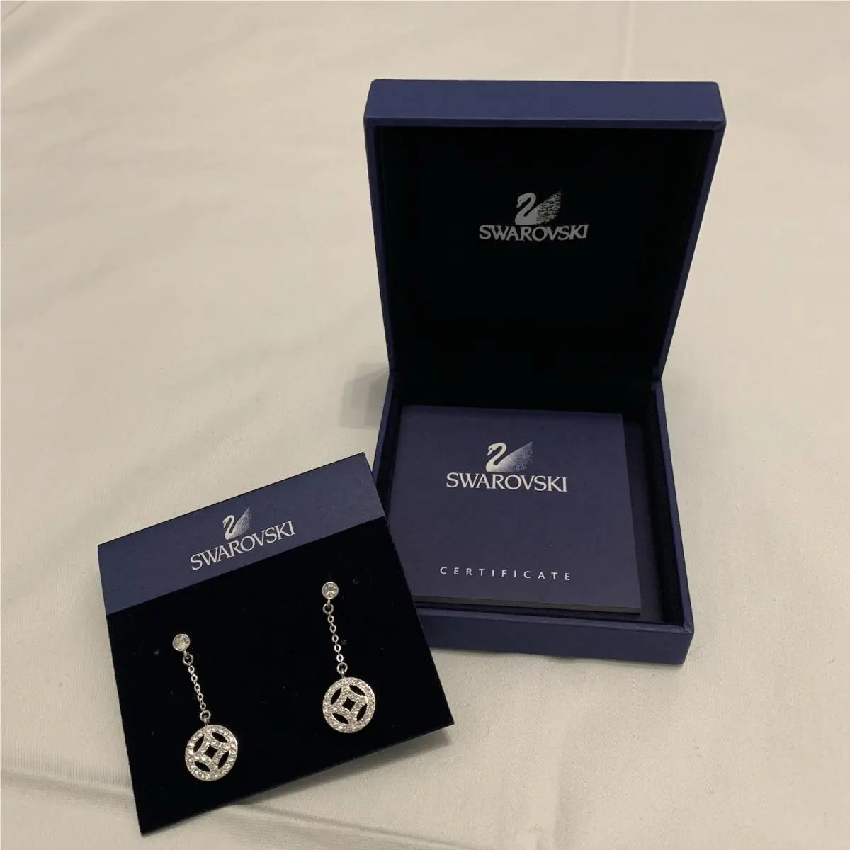 Swarovski Crystal Silver Circle Motif Dangling Drop Earrings w/ Certificate