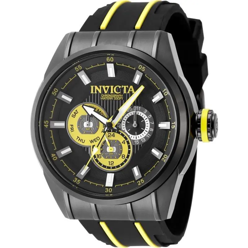 Invicta Mens 48mm Speedway Quartz Chronograph Yellow/black Tone 100m Watch - Dial: Black, Yellow, Band: Black, Brown, Bezel: Black, Yellow