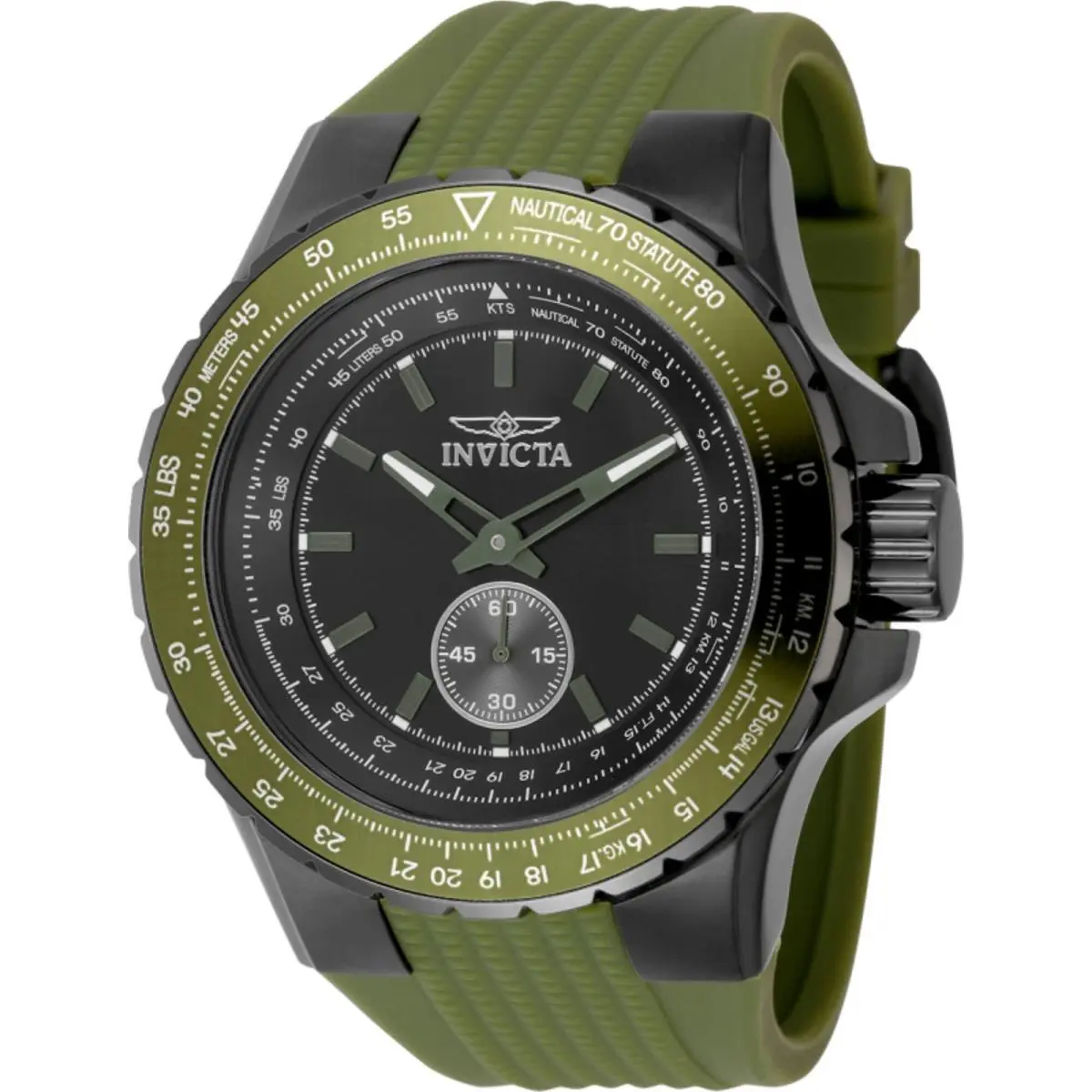 Invicta Men`s Watch Aviator Quartz Black Dial Green Silicone Rubber Strap 49311