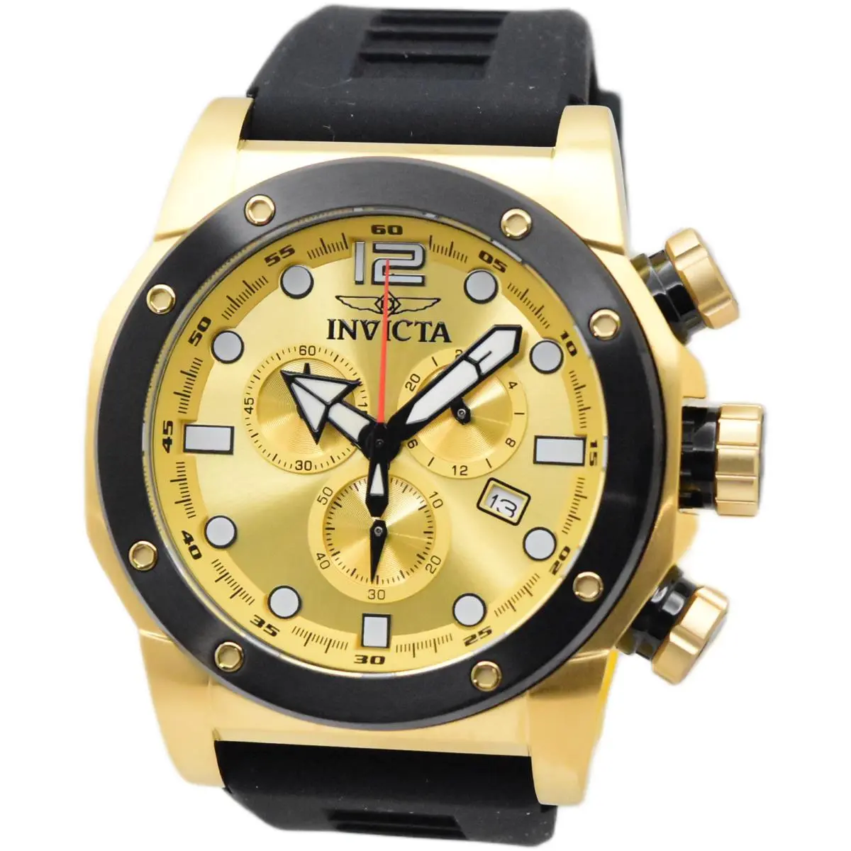 Invicta Sea Hunter 48980 Men`s 52mm Chronograph Watch Gold Dial Black Band