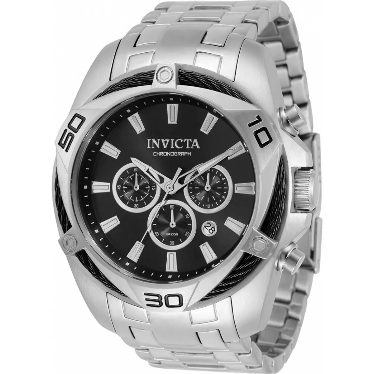 Invicta Men`s Watch Bolt Quartz Chrono Silver Stainless Steel Bracelet 32372 - Dial: Black, Silver, Band: Silver