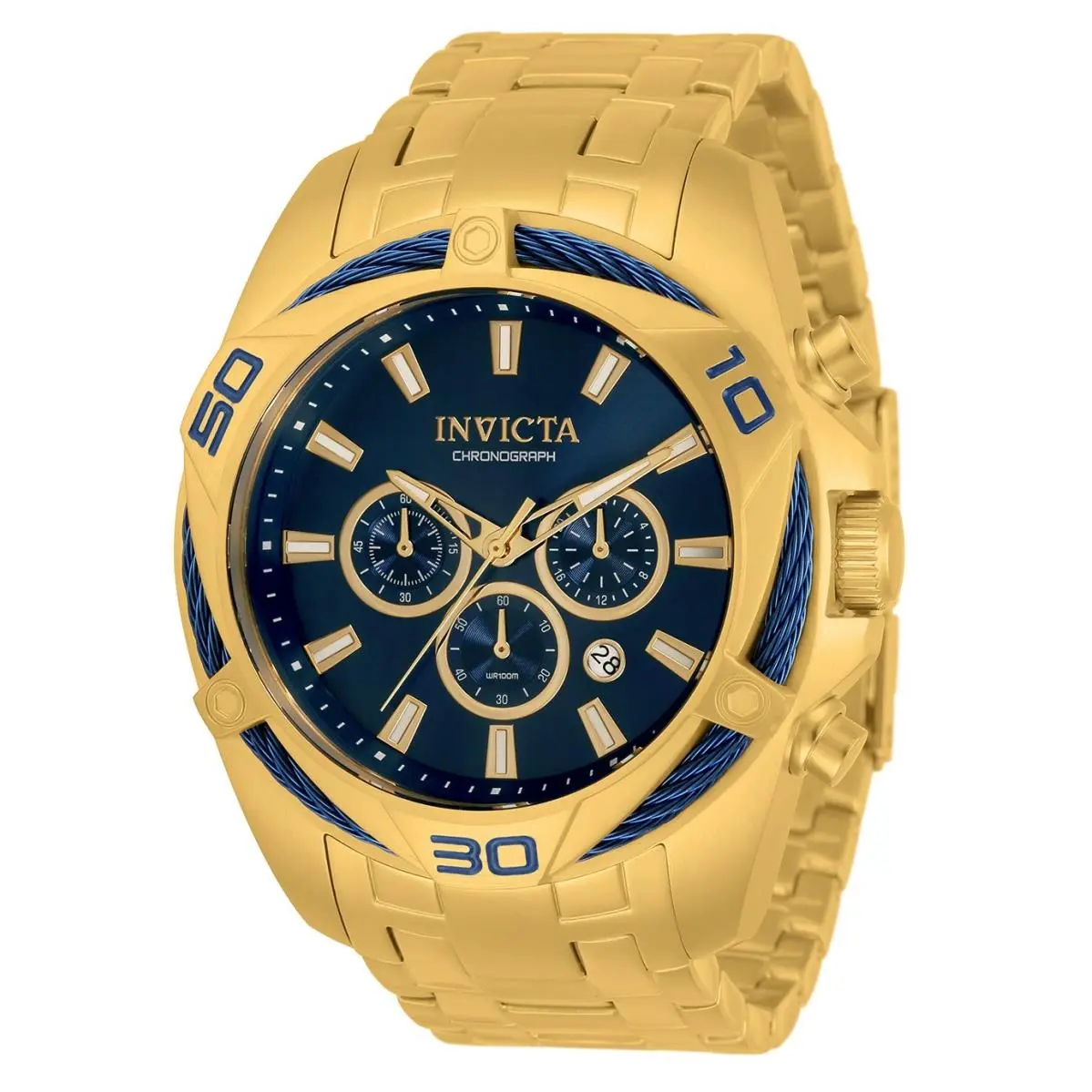 Men`s 50mm Bolt Quartz Chronograph Gold Tone Blue Dial Bracelet Watch by Invicta