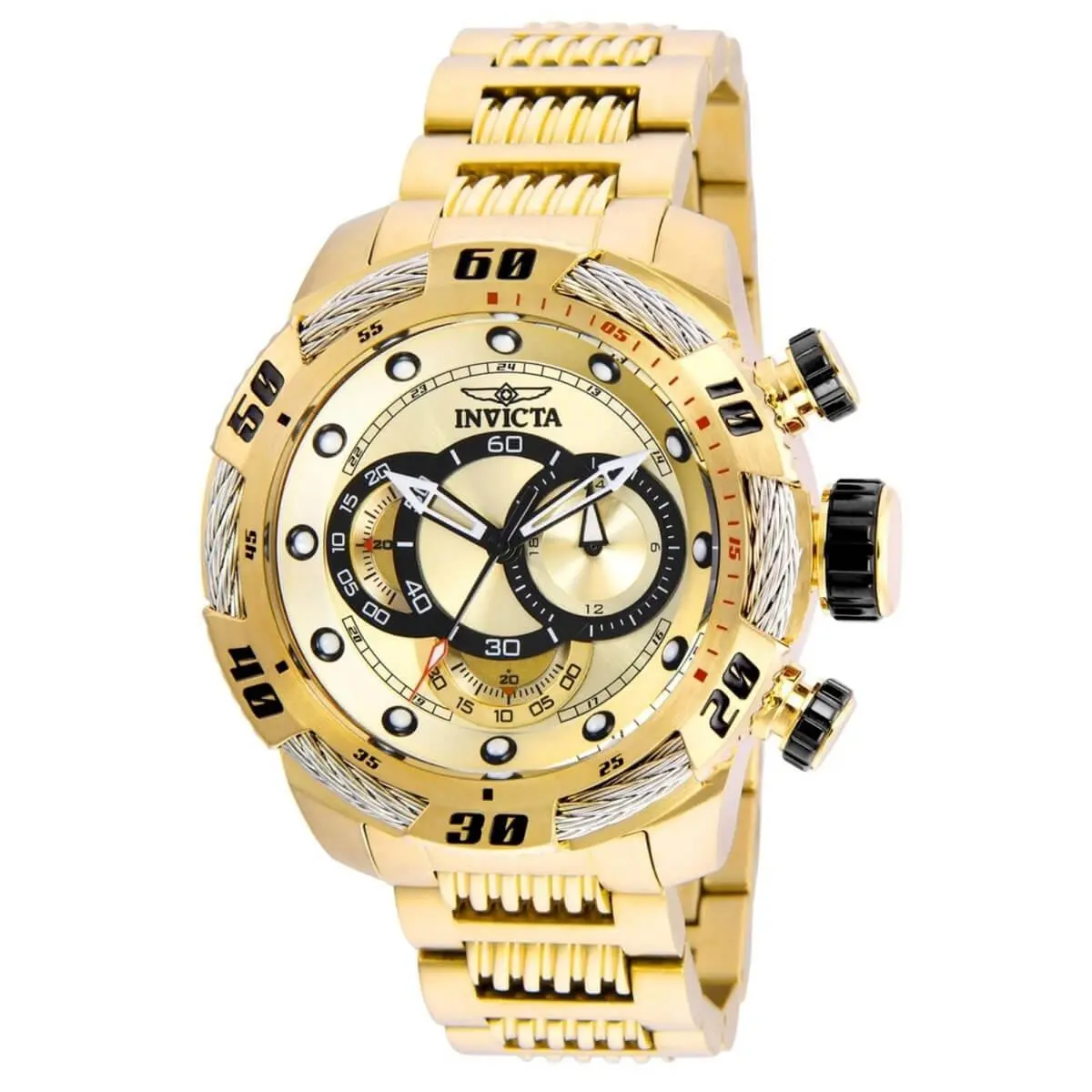 Invicta Men`s Watch Speedway Viper Chronograph Yellow Gold Bracelet 25482 - Dial: Black, Band: Gold, Bezel: Gold