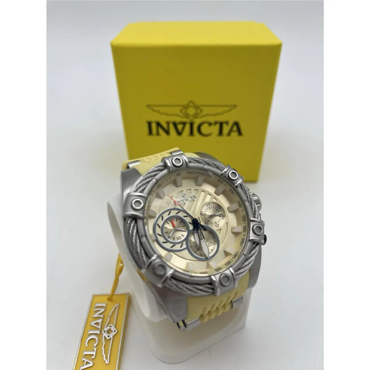 Invicta Men Bolt Chronograph Watch 52MM Stainless Steel Case Ivory Silicone Band