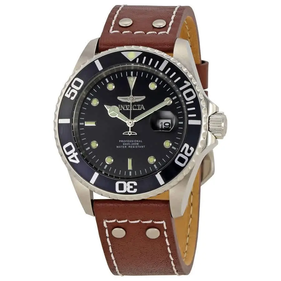 Invicta Pro Diver Black Dial Brown Leather Men`s Watch 22069 - Dial: Black, Band: Brown, Bezel: Silver-tone