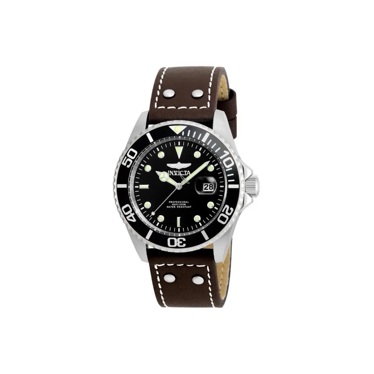 Invicta Pro Diver Men`s Watch Black Dial 43mm Case Brown Leather Band 22069 - Dial: Black, Band: Brown, Bezel: Silver