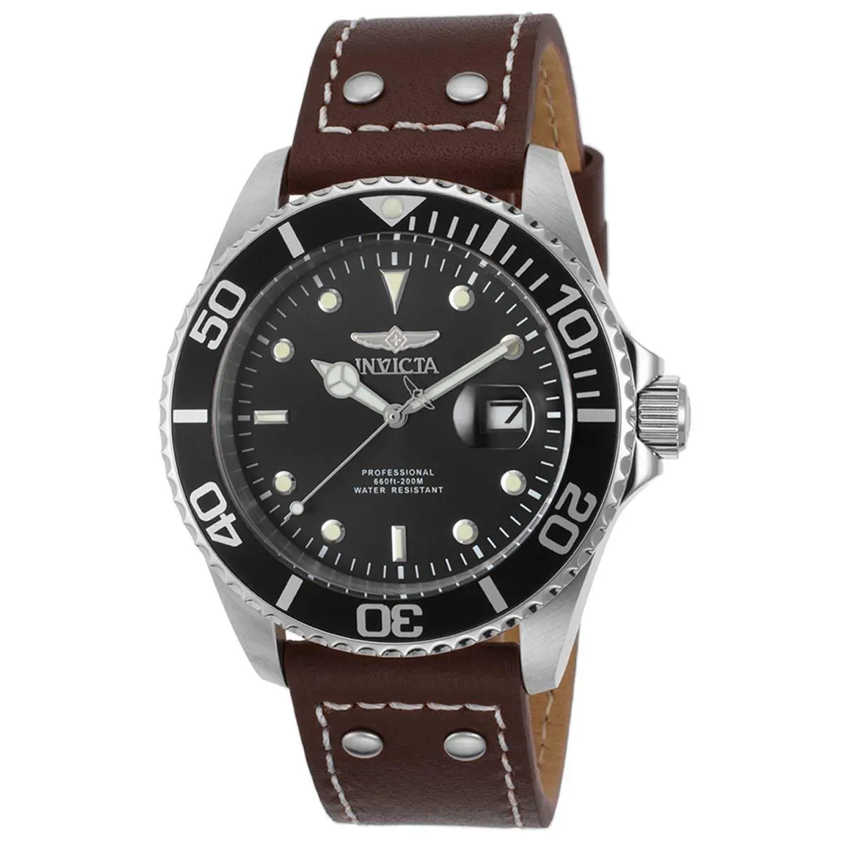 Invicta Men`s Watch Pro Diver Quartz Dive Black Dial Brown Leather Strap 22069
