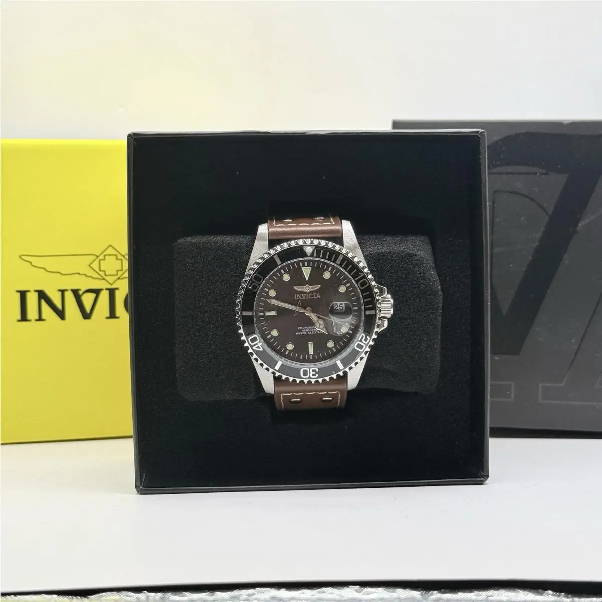 Invicta Pro Diver Black Face with Brown Leather Band Model 22069 - Dial: Black, Band: Brown, Bezel: Brown