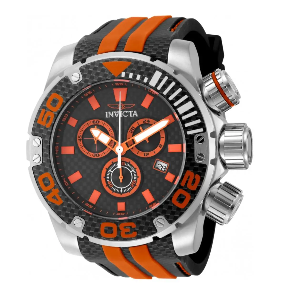 Invicta Sea Hunter Carbon Fiber Racing Pro Men`s 52mm Flyback Chrono Watch 48993 - Dial: Black, Multicolor, Orange, White, Band: Black, Orange, Bezel: Black, Gray, Orange, White