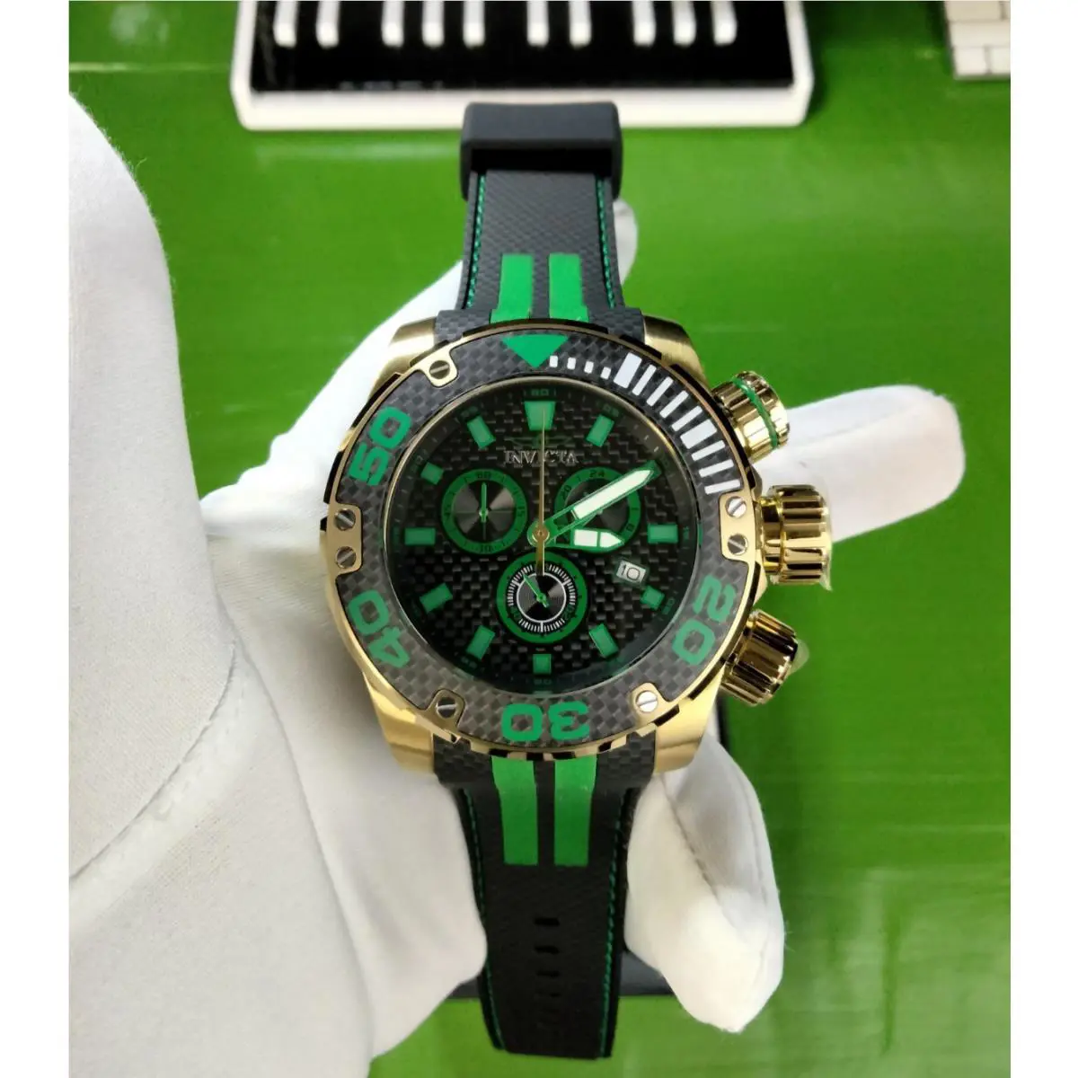 Invicta Sea Hunter 48991 Men 52 mm Gold Black Green Chronograph Watch