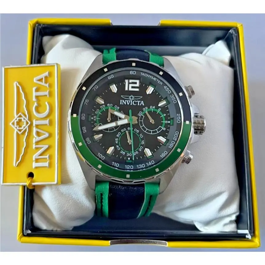 Invicta Men`s Watch Racing Vector Greenblack Stainless Steel Leather 44 mm 49359