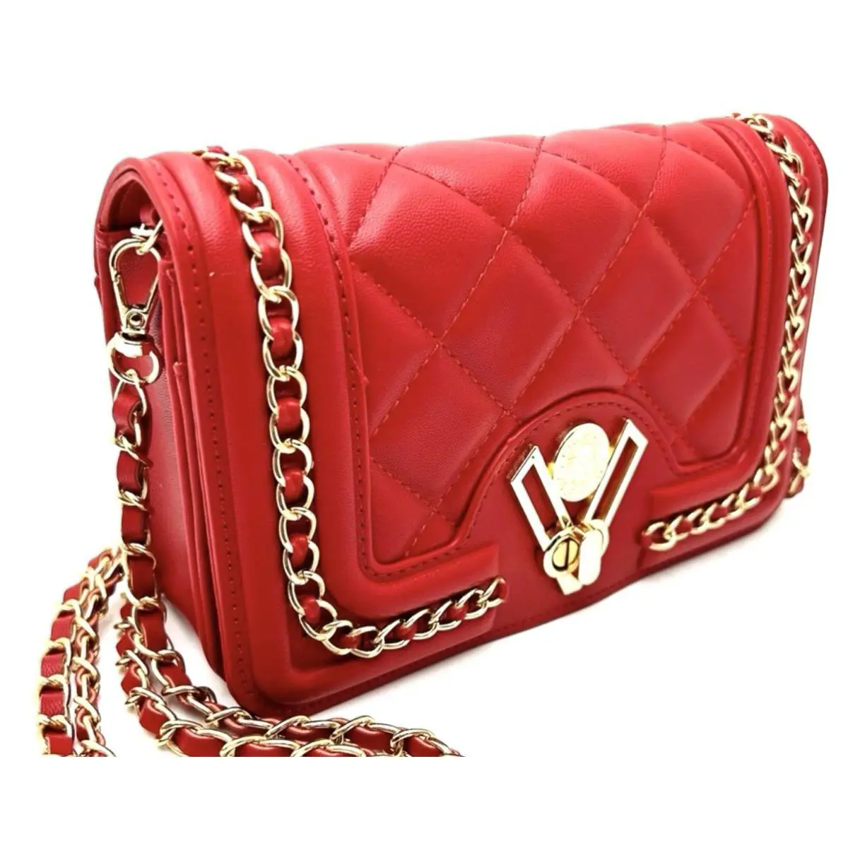 Valentino Orlandi Red Quilted Bag Purse Gold Chain Shoulder Strap