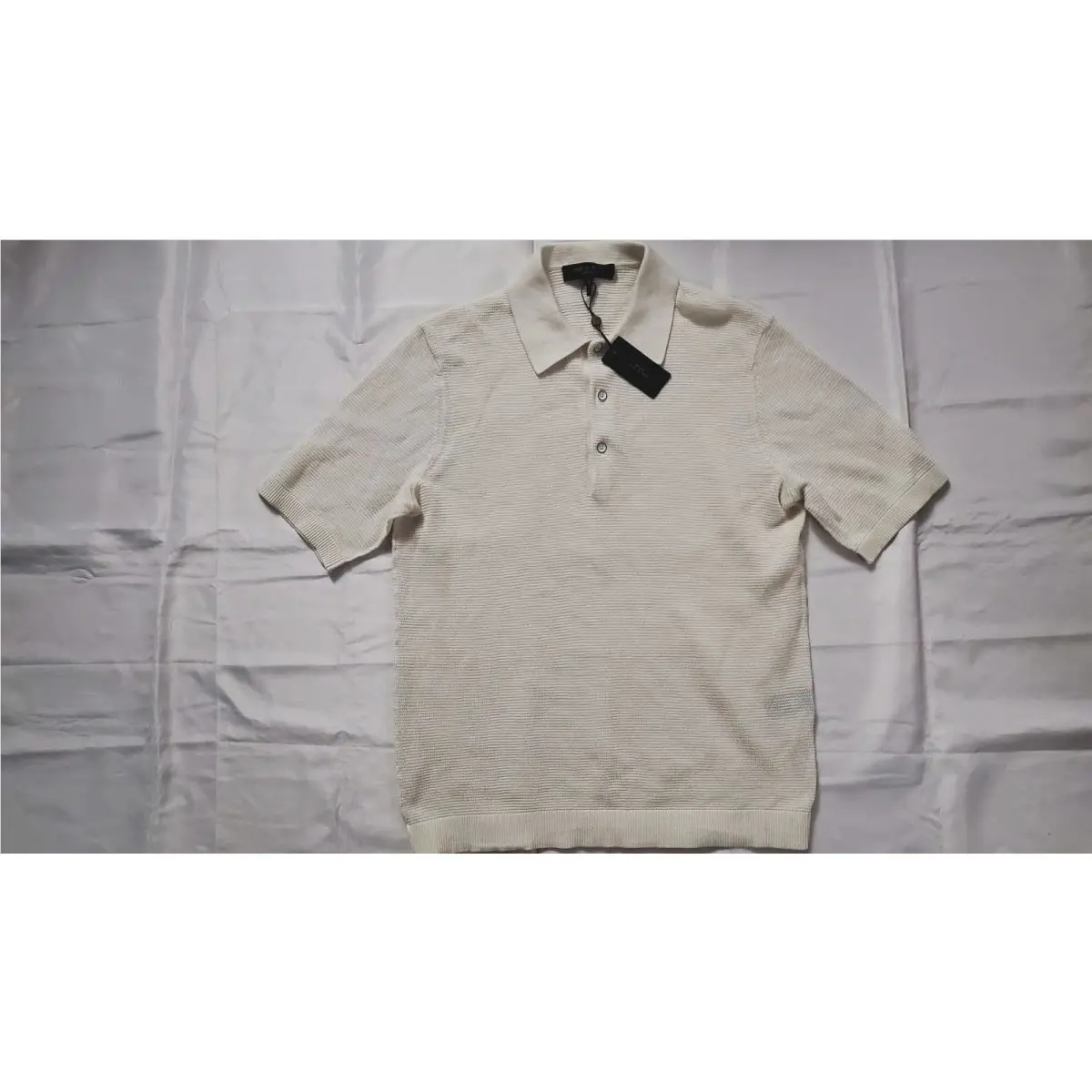Rag Bone Men`s Lewis Polo Knit Ivory Short Sleeve Polo Shirt Size L