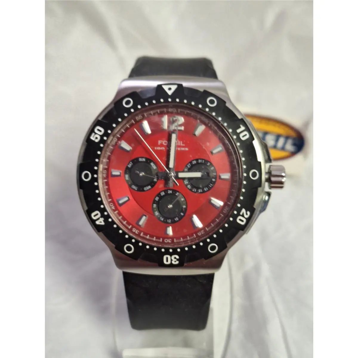 Fossil Men`s Model Blue Black Silicone Strap with Red Dial Watch BQ9289