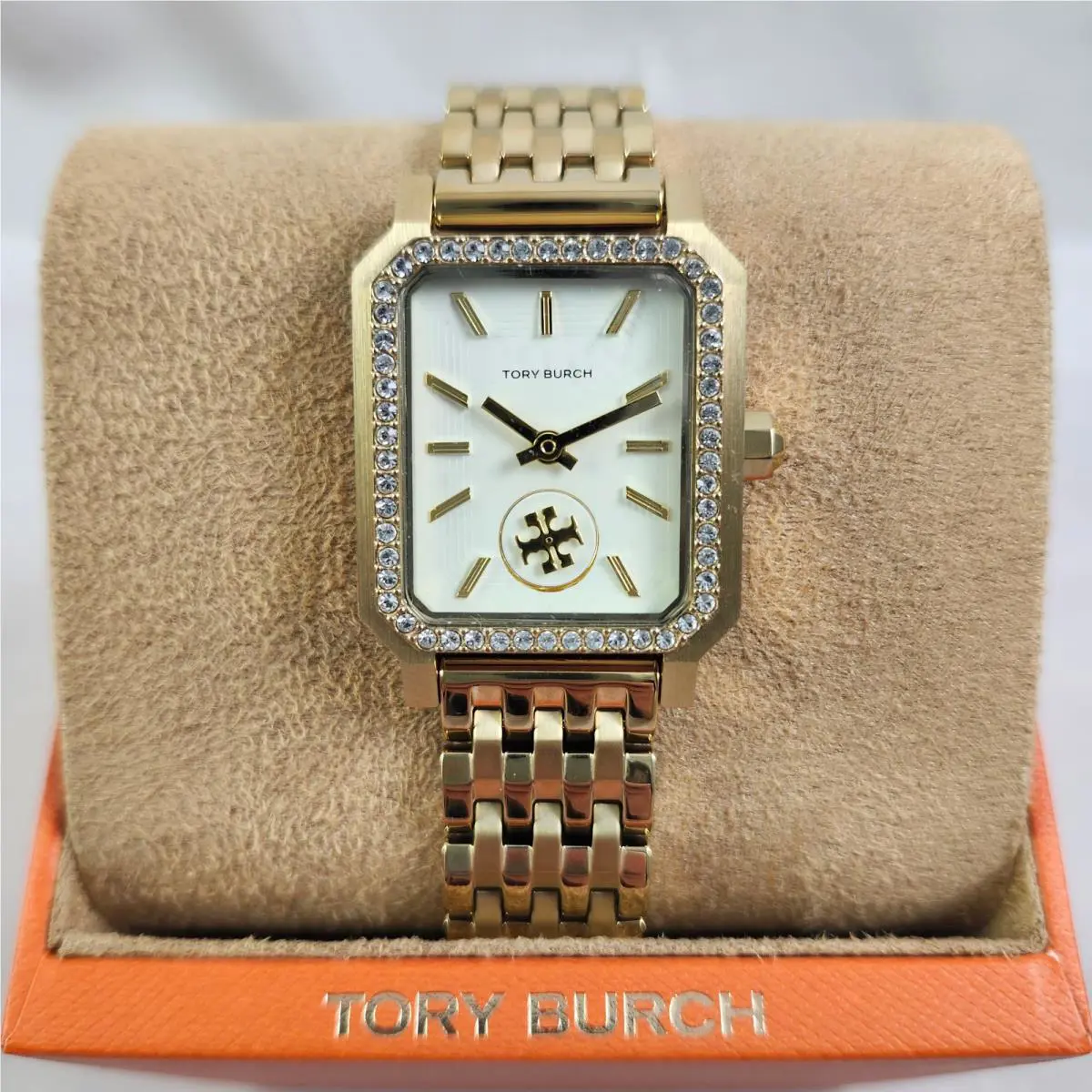 Tory Burch Robinson Crystal Gold Tone Bracelet Watch TBW1513 Logo - Dial: Cream, Band: Gold, Bezel: Gold