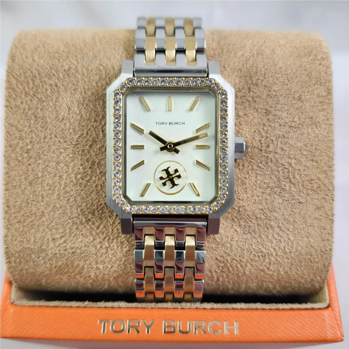Tory Burch Robinson Crystal Two Tone Gold Silver Bracelet Watch TBW1514 Logo