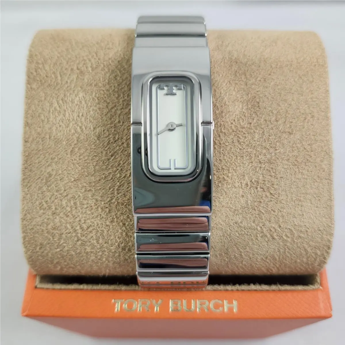 Tory Burch Silver T Watch Monolink Bracelet TBW3046 Logo + Box