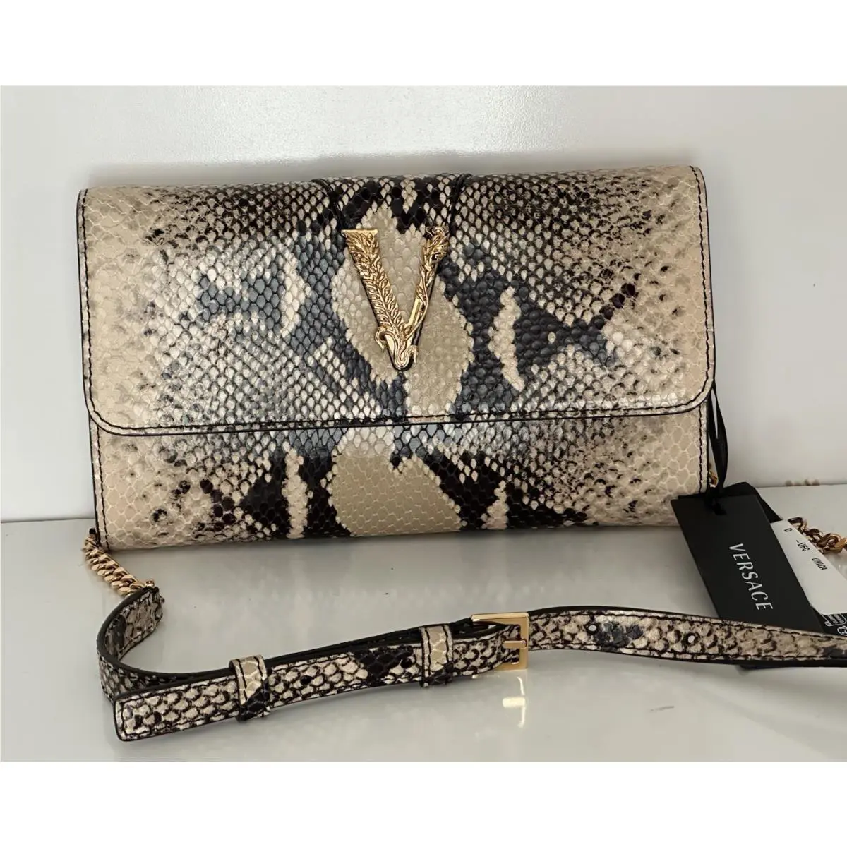 Versace Virtus Leather Brown Wallet on Chain Shoulder Bag 1006364 IT