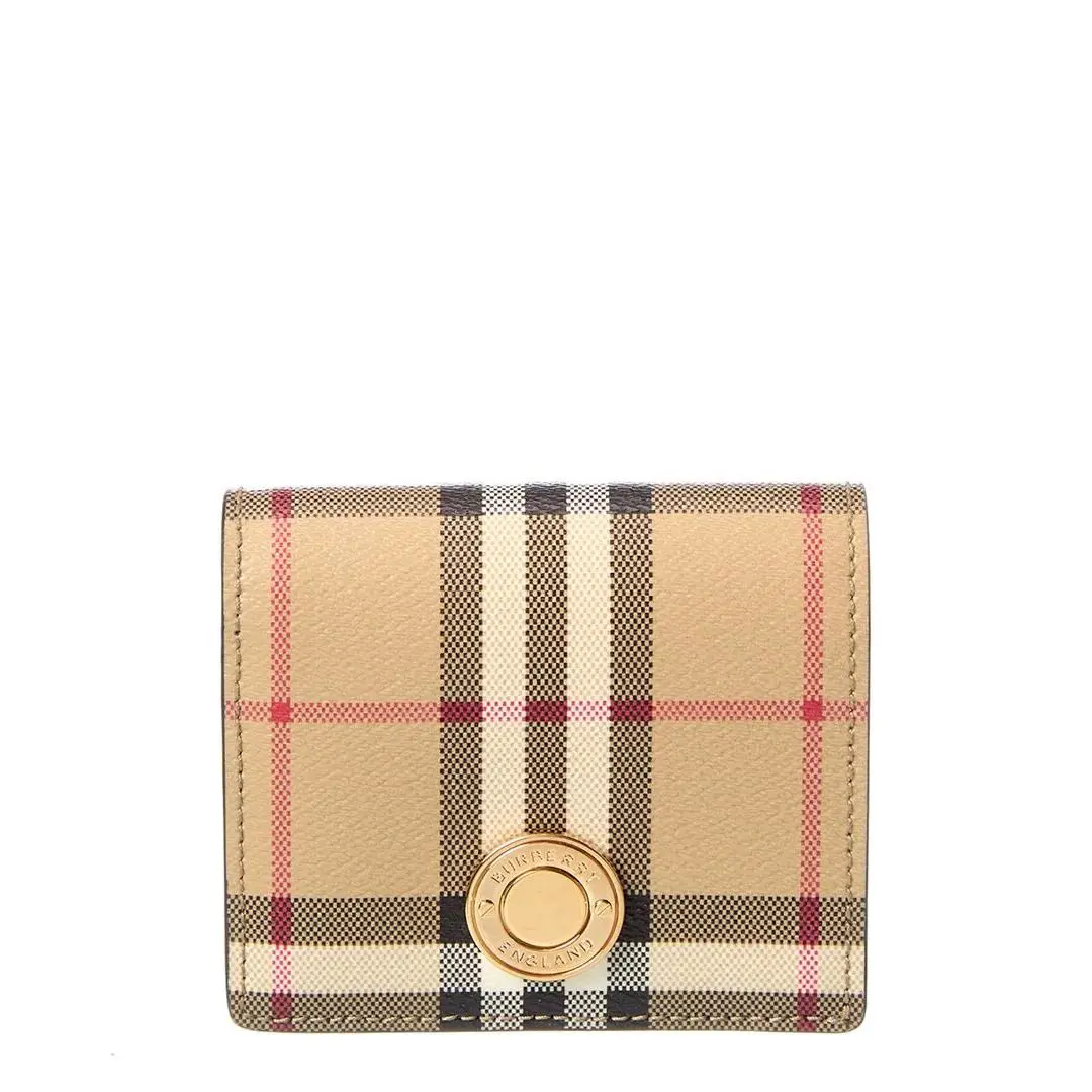 Check Small E-canvas Leather Card Case Women`s Beige by Burberry