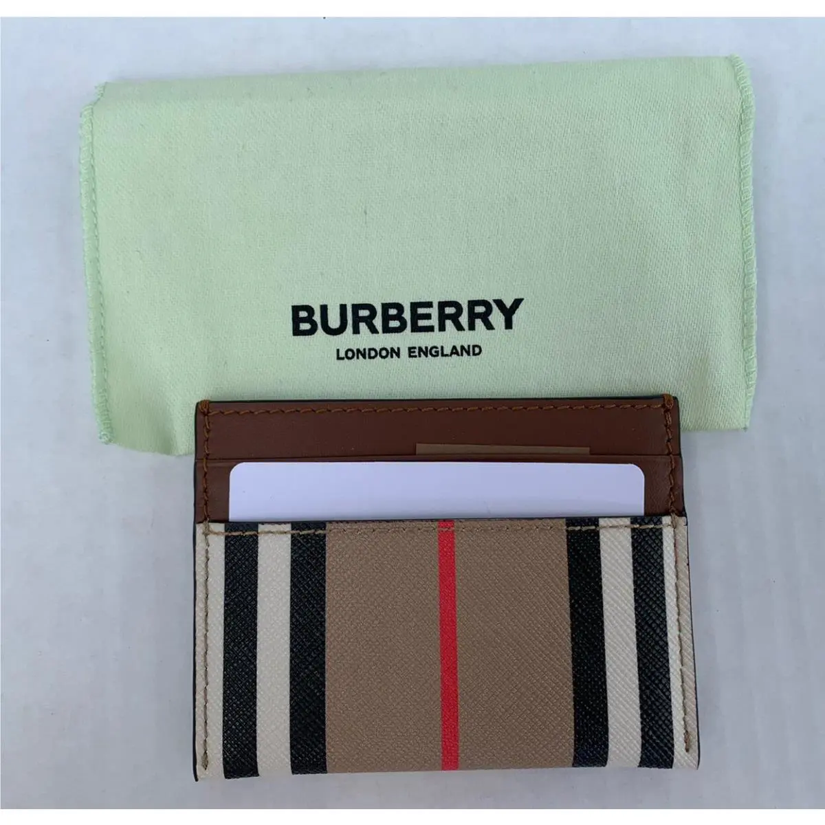 Burberry Taupe Brown Icon Stripe Leather Check Card Holder