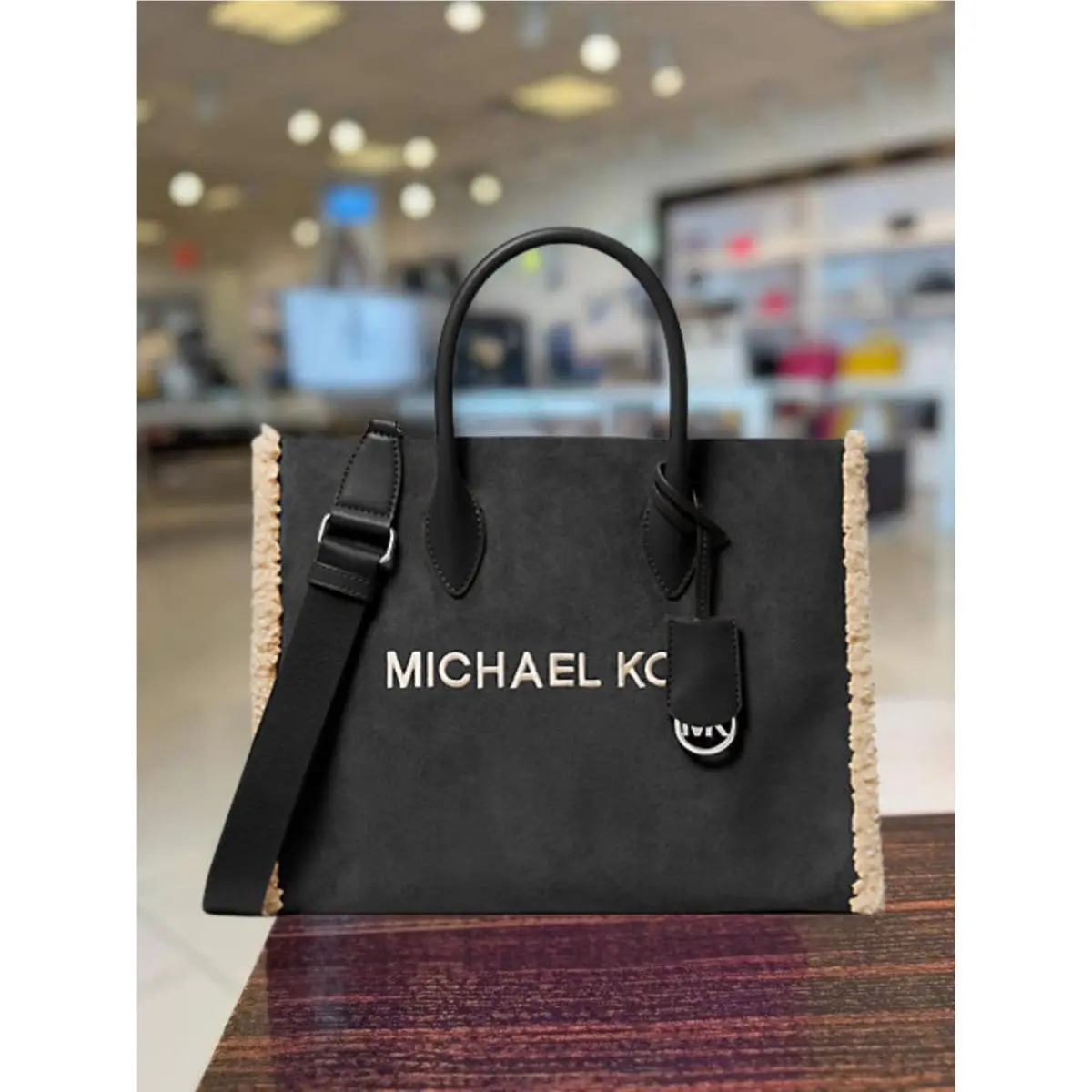 Mirella Medium Tote Women’s MK Handbag Leather Suede Shearling BLACK by Michael Kors