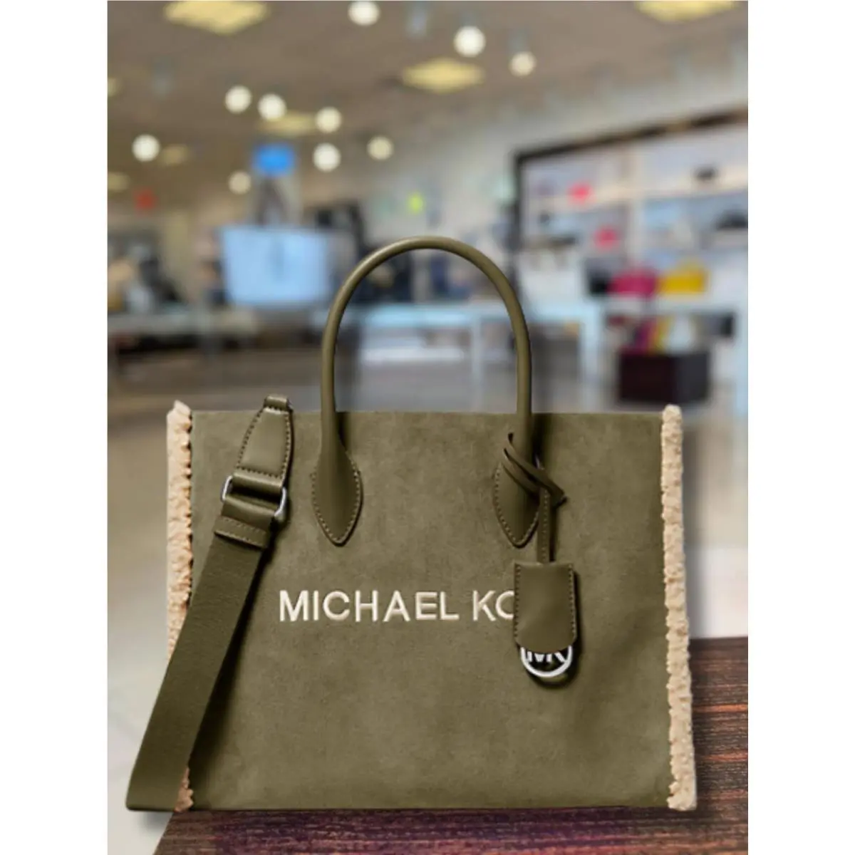 Mirella Medium Lady Leather Suede Shearling Tote Handbag Green by Michael Kors