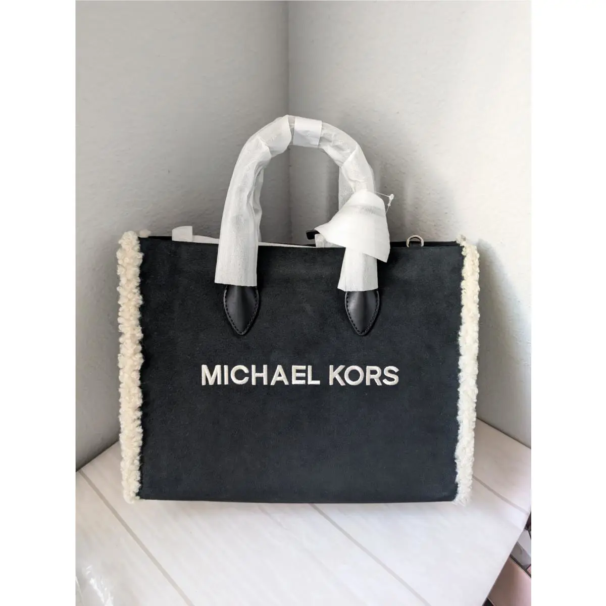 Michael Kors Mirella Women MD Leather Suede Shearling Tote Handbag Black