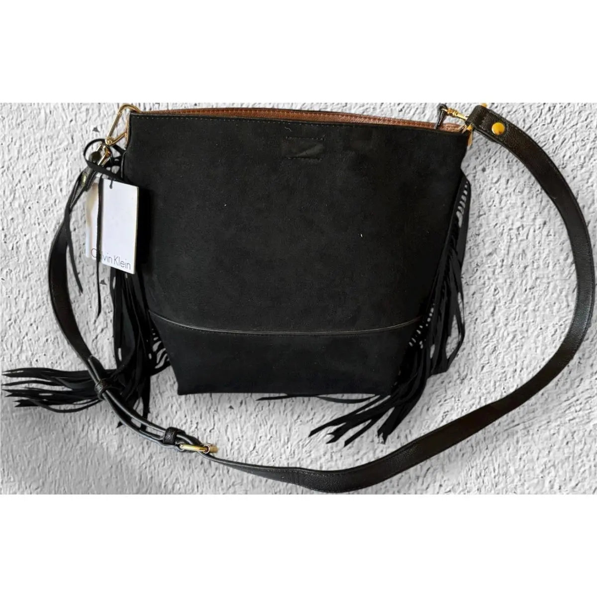 Calvin Klein Suede Fringe Crossbody Boho Purse Tote Bag Black W/ Smaller Bag