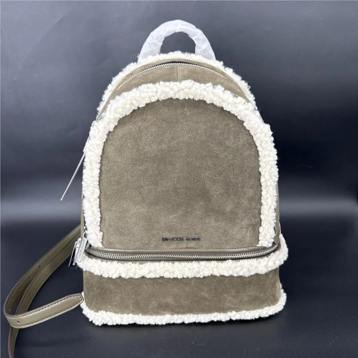 Michael Kors Rhea Medium Backpack Leather Suede Shearling Bag Olive