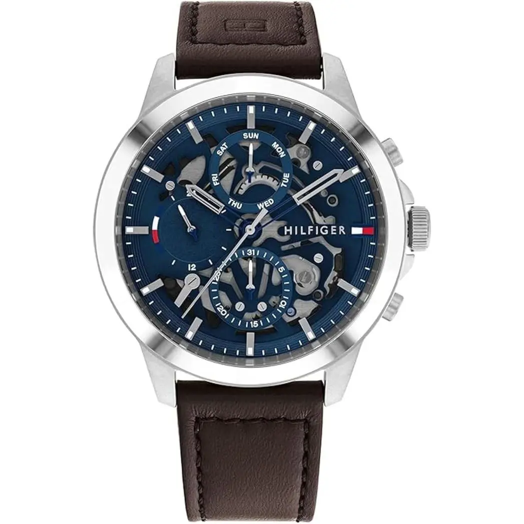 Tommy Hilfiger 1710476 Men`s Black Leather Strap Multifunction Blue Dial 46mm - Black, Blue