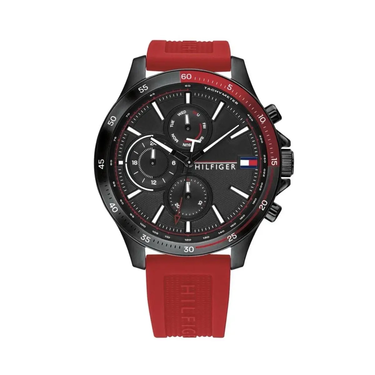 Tommy Hilfiger 1791722 Men`s Black Case Red Silicone Band Black Dial Watch 46mm