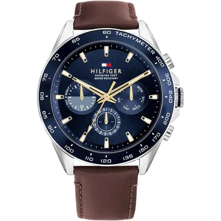 Tommy Hilfiger 1791965 Men`s Brown Leather Strap Multifunction Blue Dial 46mm - Blue, Brown