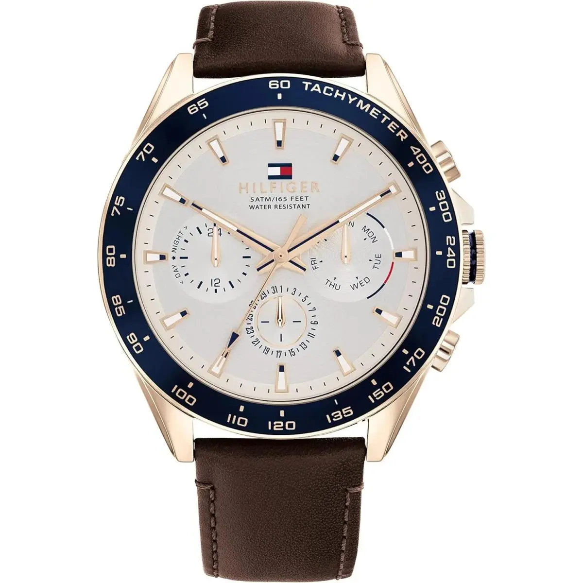 Tommy Hilfiger 1791966 Men`s Brown Leather Strap Multifunction White Dial 46mm - Brown, White