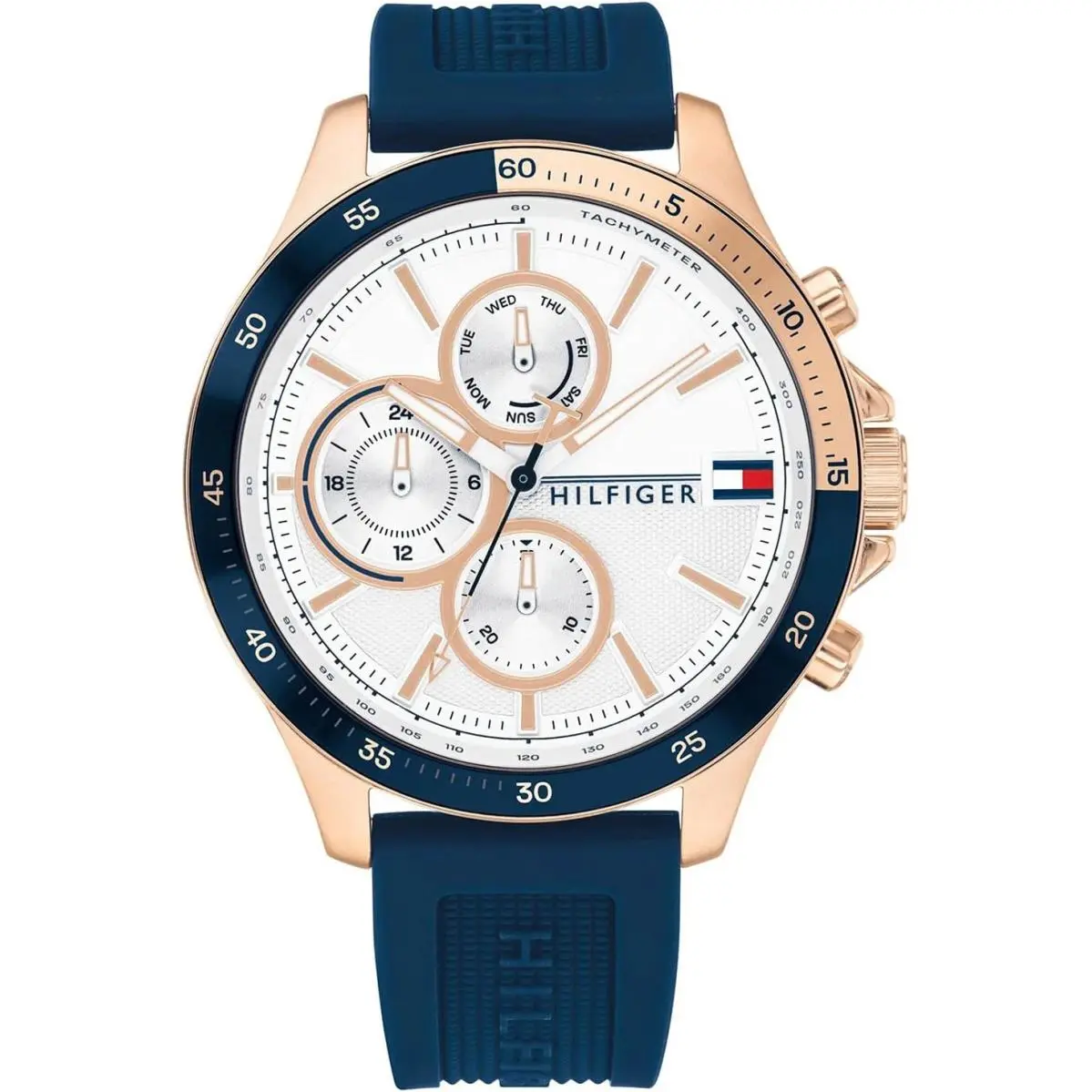 Tommy Hilfiger 1791778 Men`s Gold Case Blue Silicone Band White Dial Watch 46mm